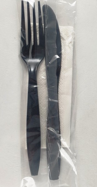Besteckset 3 in 1 Gabel Messer 25St schwarz+Serviette in Folie verschweißt